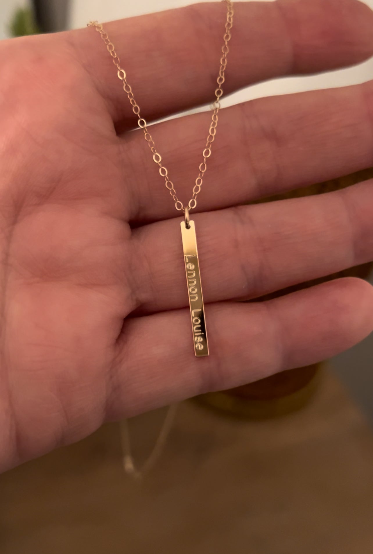 14K Gold Skinny Vertical Bar Pendant | Engravable Necklace